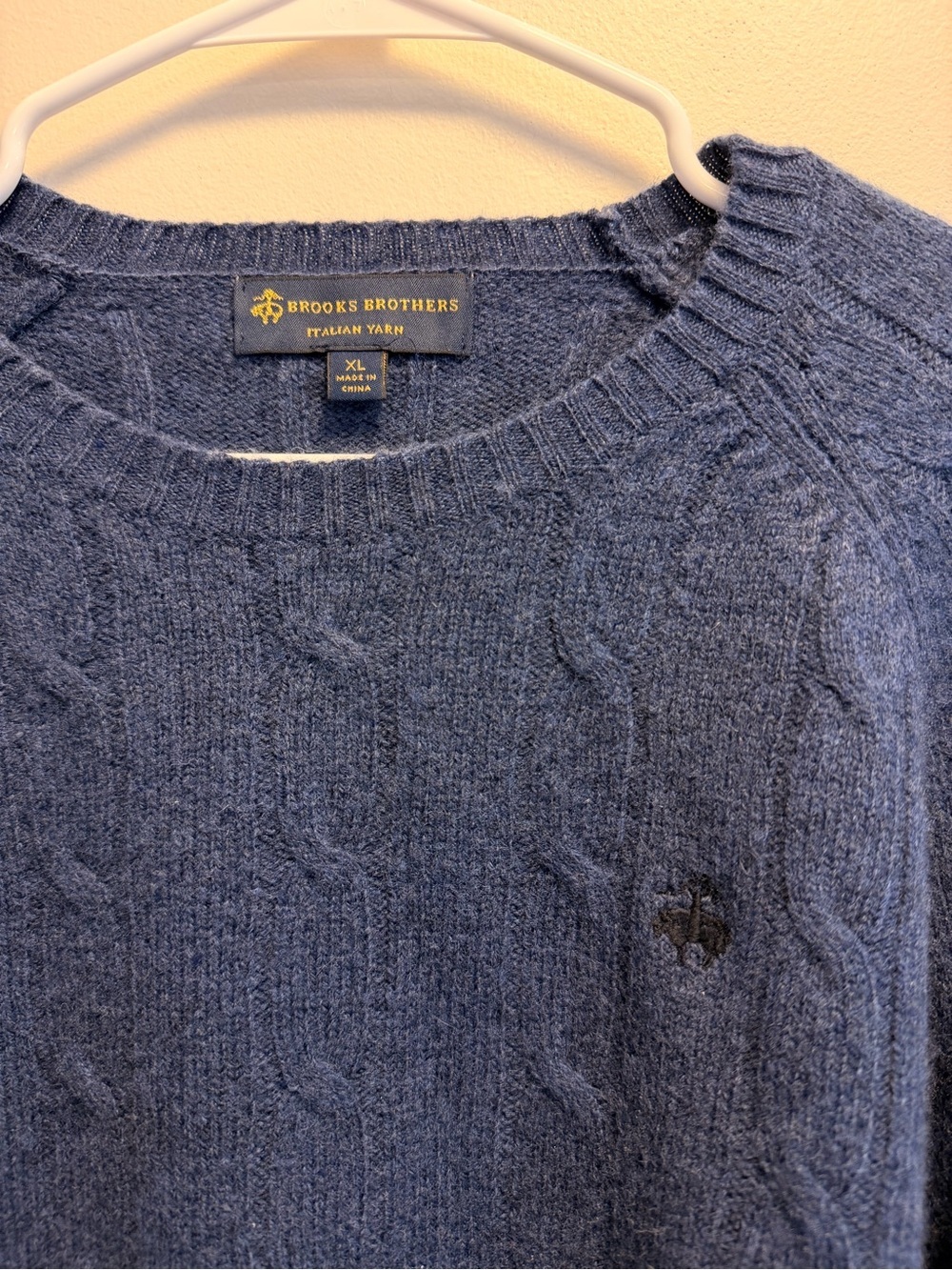 Brooks Brothers Italian Yarn Fine Merino Wool Blue Cable Knit Crewneck XL Logo - Picture 2 of 12